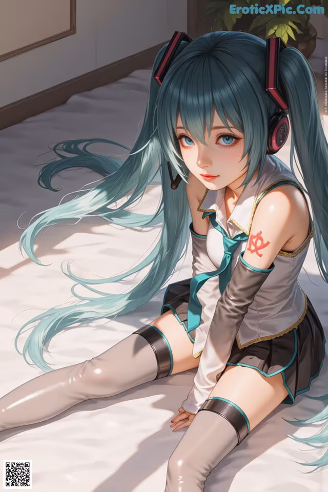 A girl with long blue hair sitting on a bed.