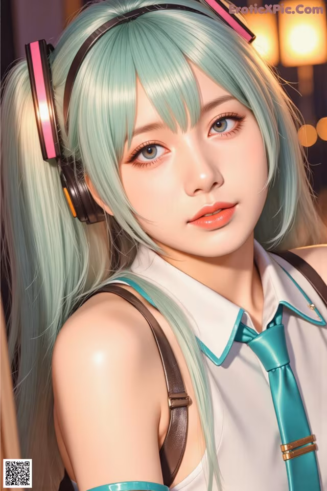 A girl with long green hair wearing headphones.