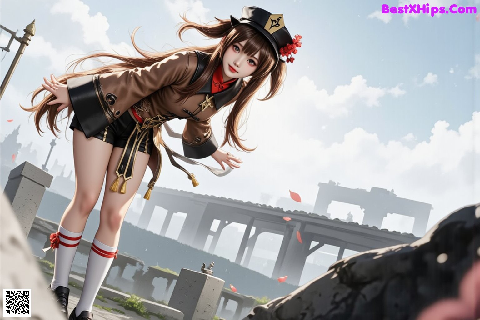 A woman in a top hat is standing in front of a building.