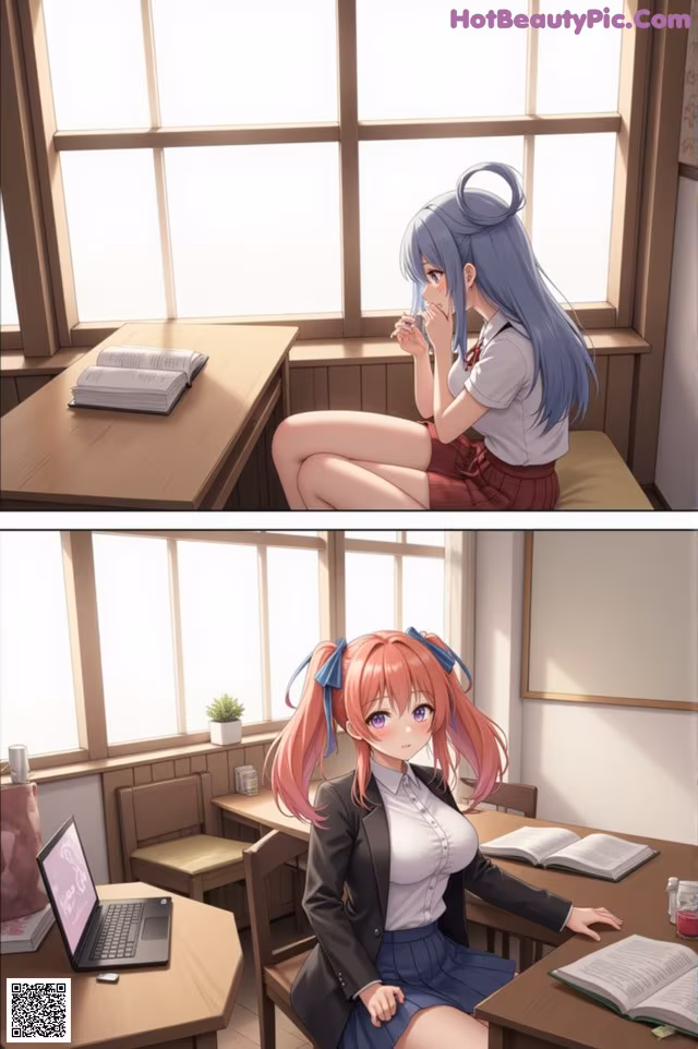 A girl sitting at a desk in front of a laptop computer.