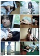 A collage of photos of a woman laying on the floor.