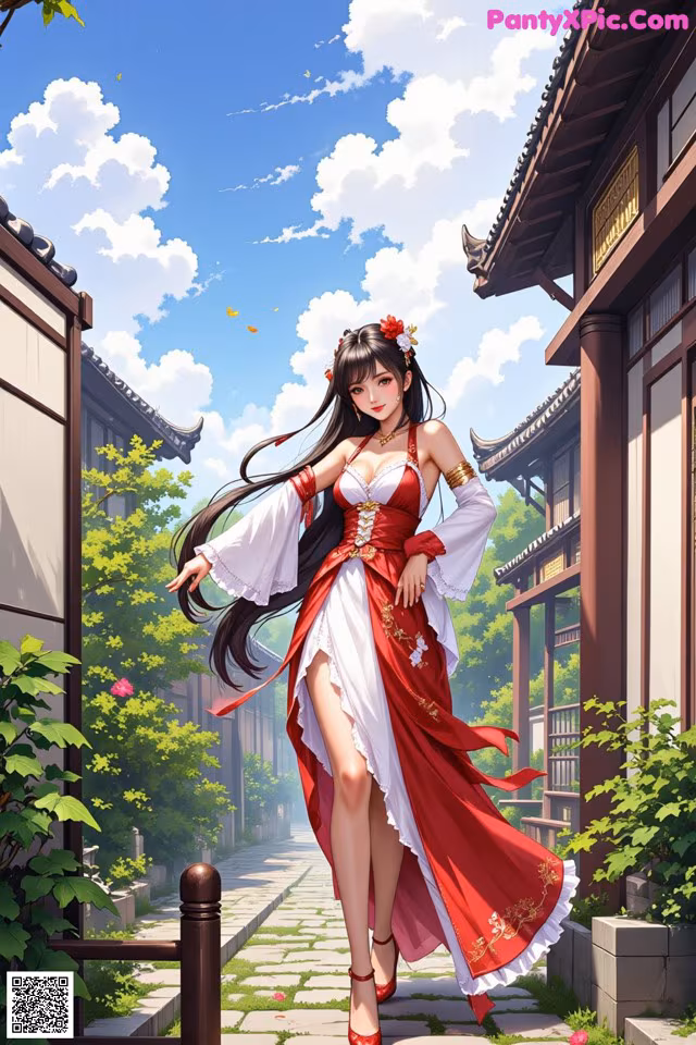 A woman in a red and white dress walking down a street.