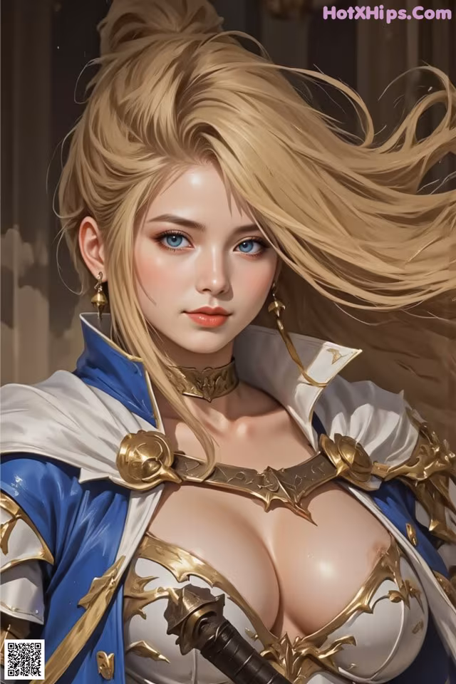 A woman with long blonde hair wearing a blue and white outfit.