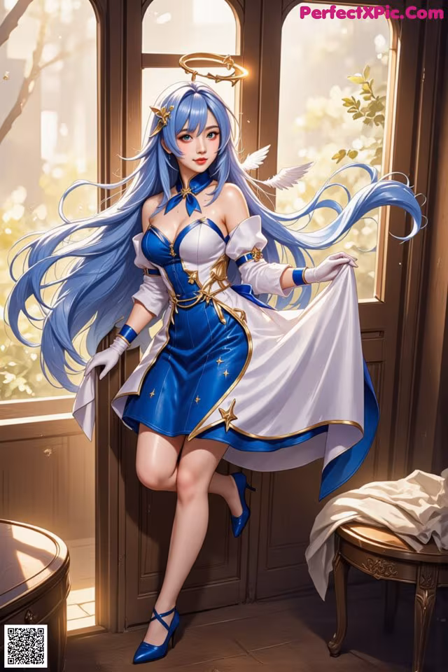 A woman in a blue and white dress standing in front of a window.