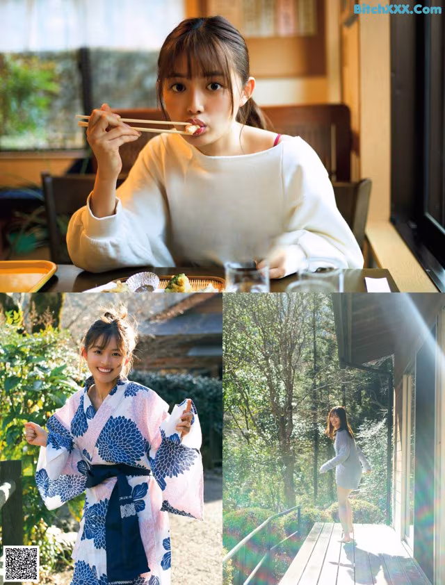 A woman in a kimono eating chopsticks at a table.