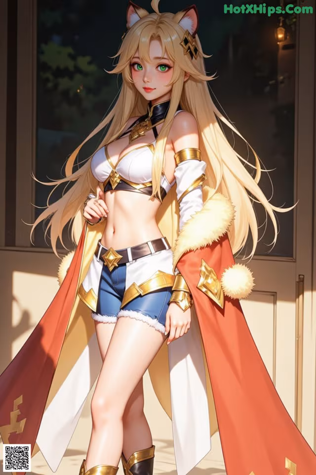 A woman in a white top and blue shorts with a red cape.