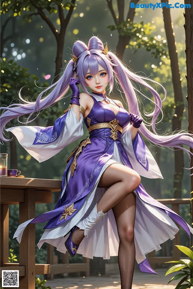 A woman in a purple and white dress sitting on a wooden bench.
