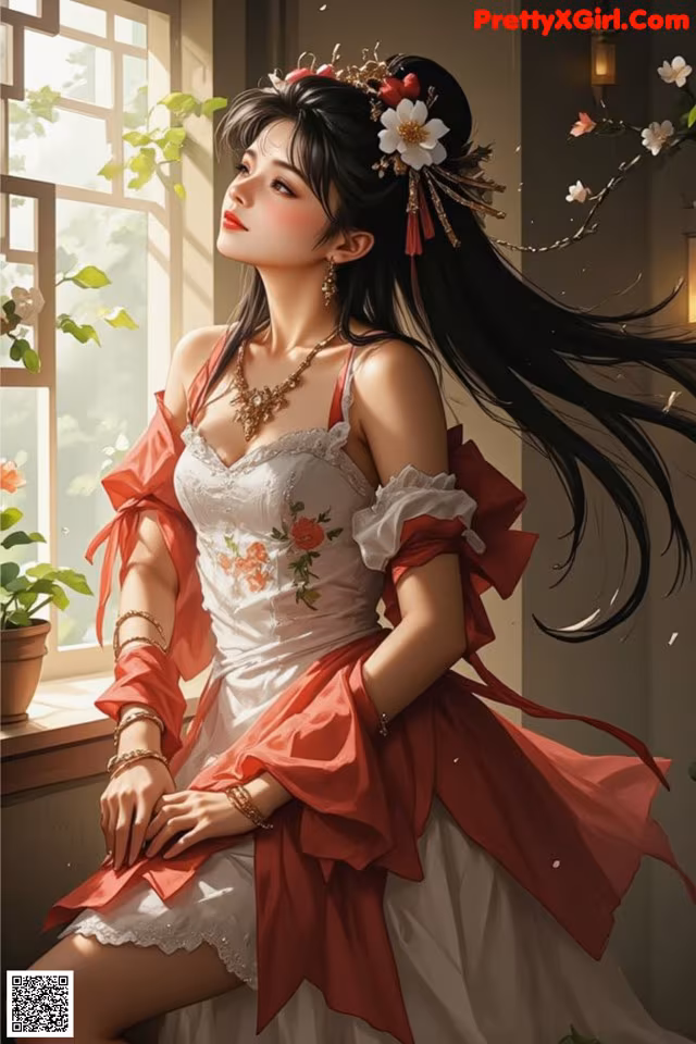 A woman in a red and white dress sitting by a window.