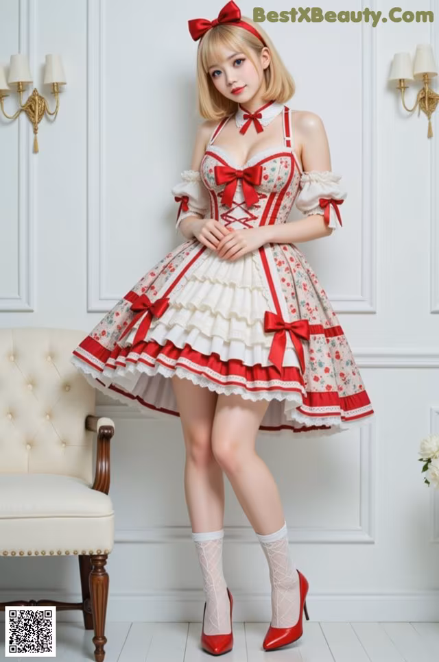 a woman in a red and white dress posing for a picture