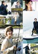 A collage of photos of a woman fishing in a boat.