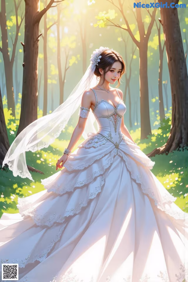 A woman in a wedding dress walking through a forest.