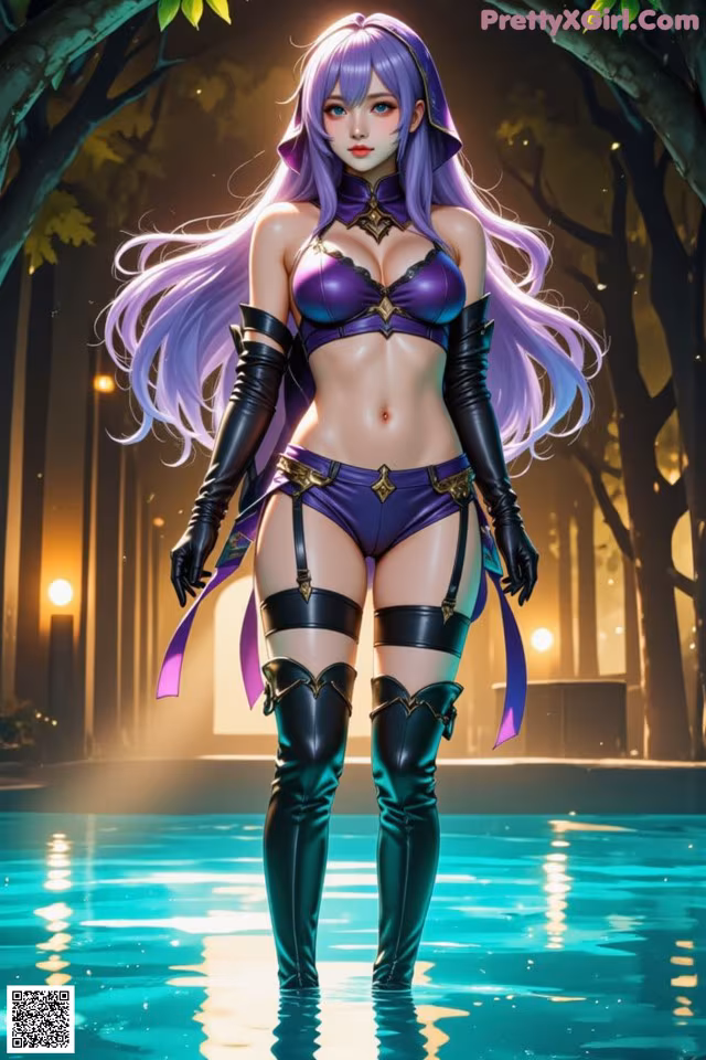 A woman with long purple hair standing in a pool.
