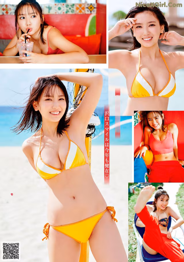 A woman in a yellow bikini sitting on a beach.