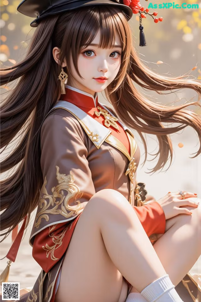 A woman in a chinese dress and hat sitting on the ground.